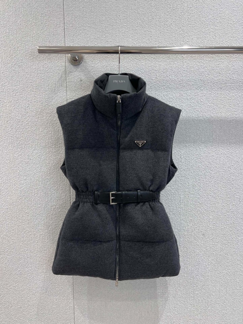 Prada Imported Wool Belted Wool Down Vest with Stand Collar