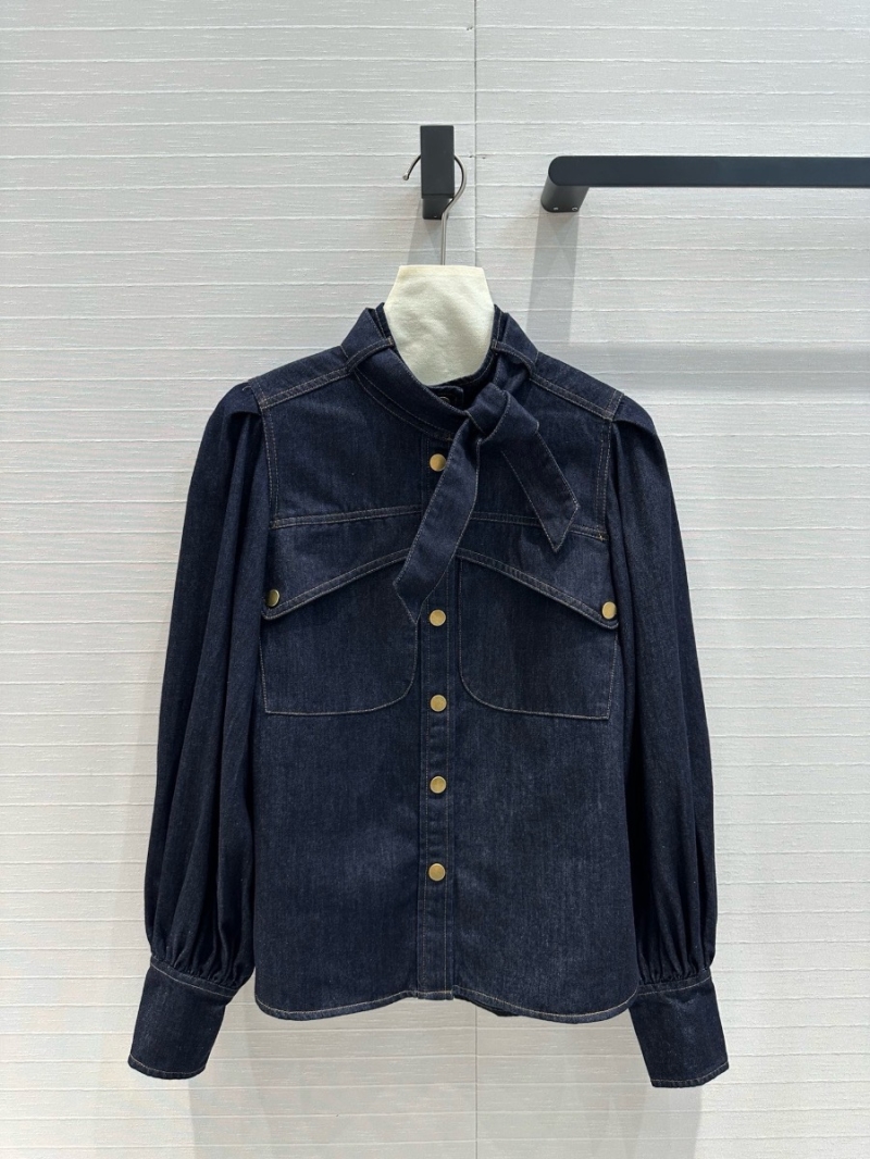 Zimmermann Resort Collection Tie-Neck Denim Pocket Shirt blue