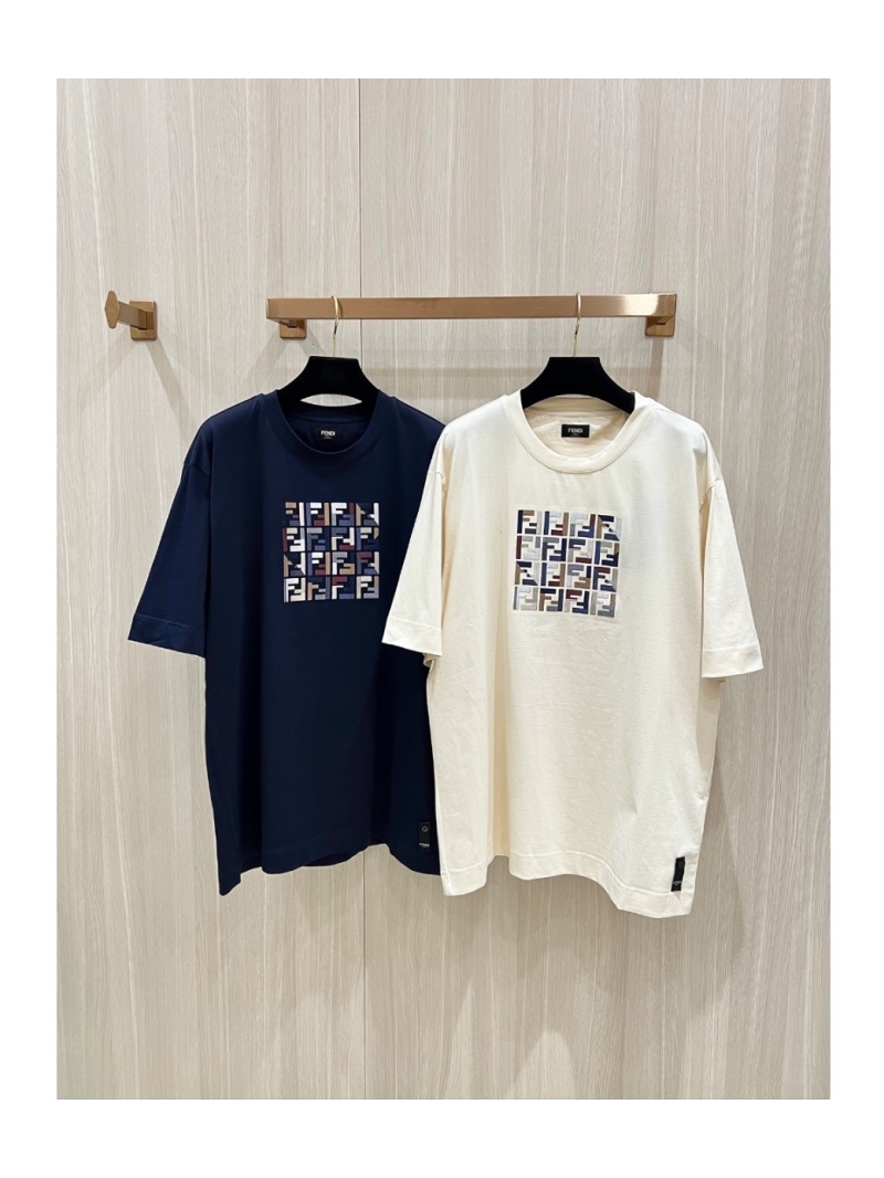 FENDI Unisex Cotton FF Embroidered Crew Neck T-Shirt