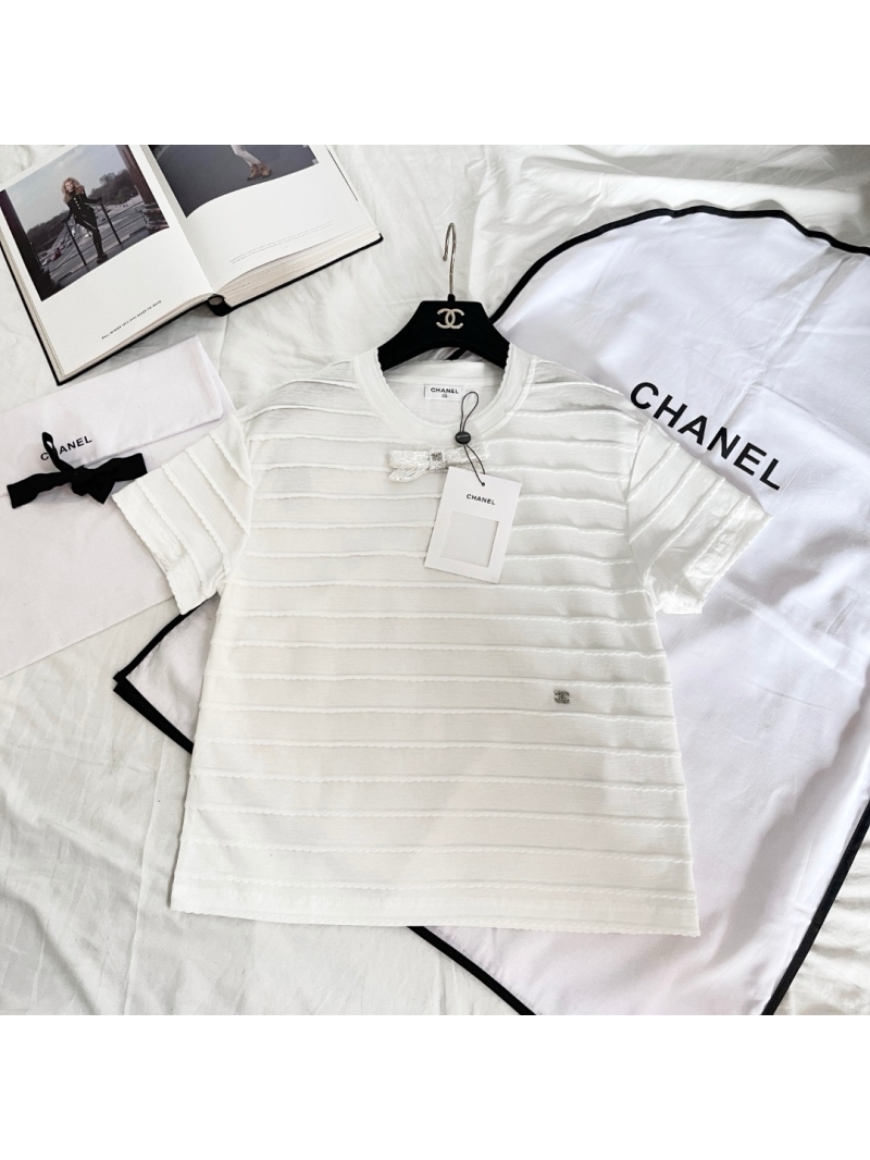 Chanel Spring 2025 Bow Embellished Rhinestone Short-Sleeve Top