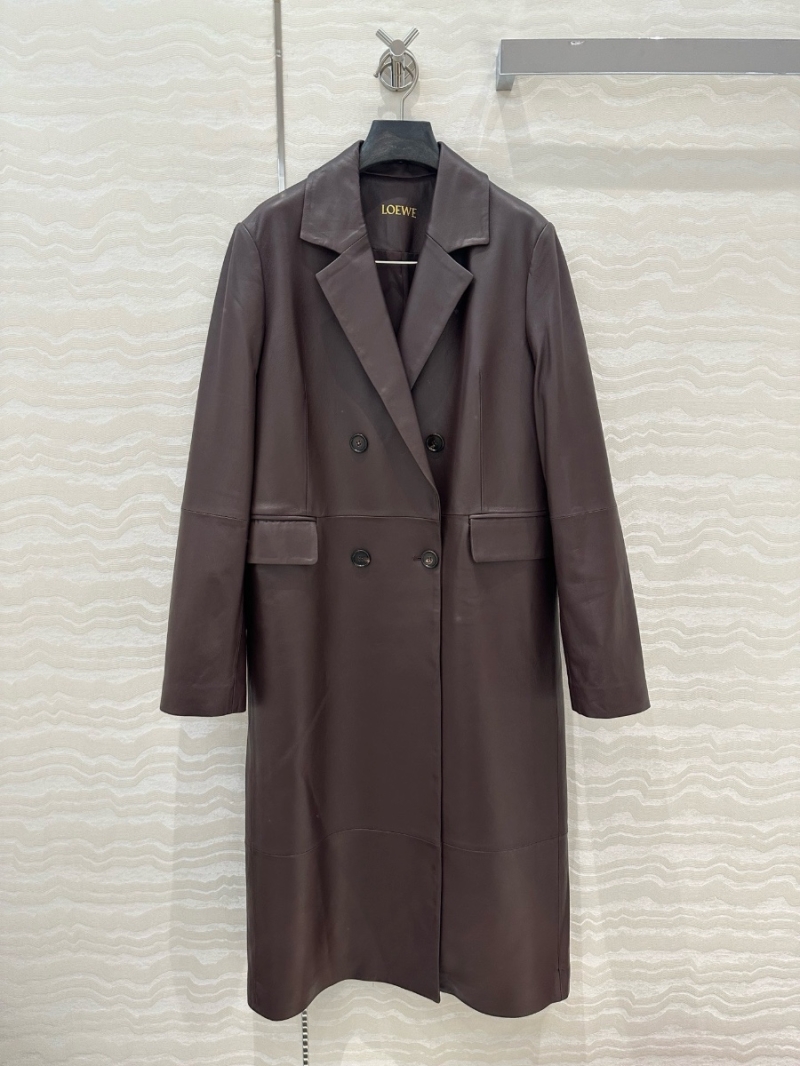 LOEWE Double-Breasted Nappa Lambskin Leather Coat Dark Brown