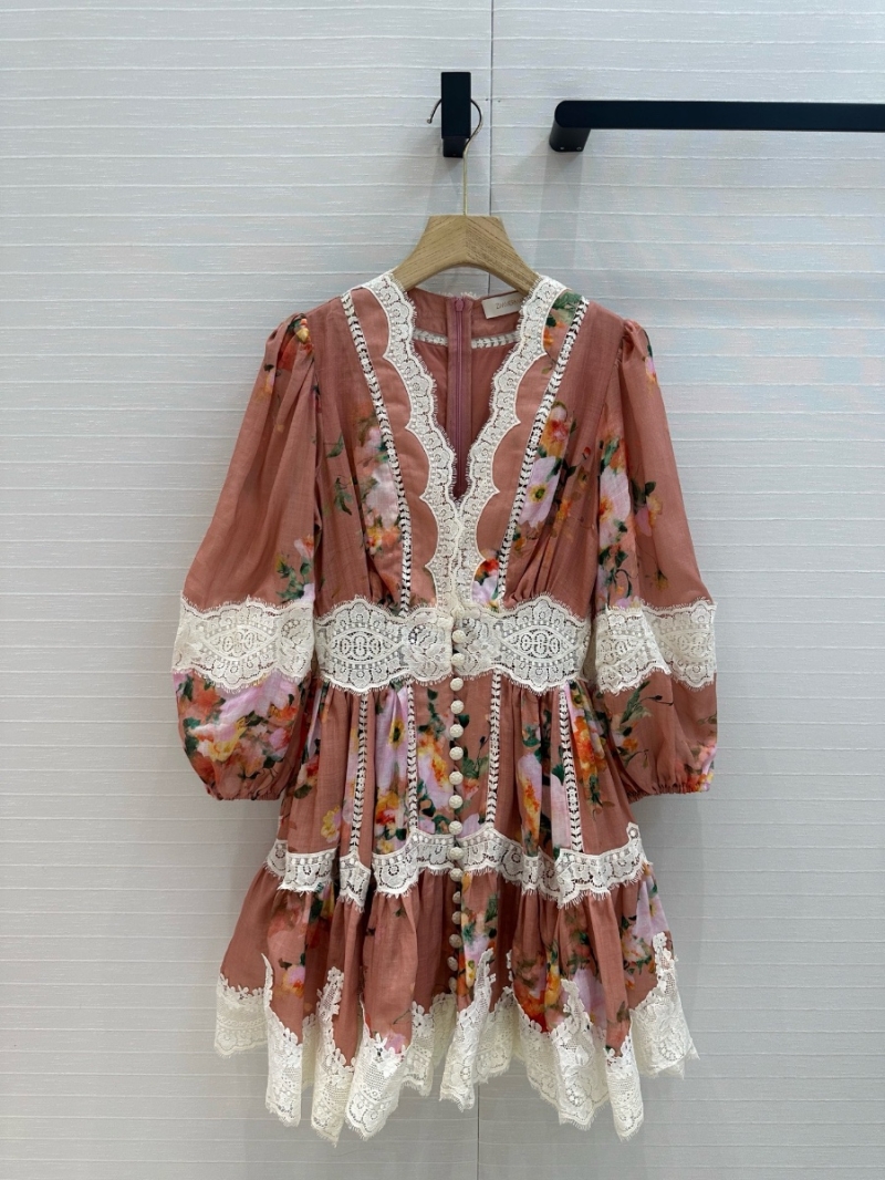 Zimmermann Pink Watercolor Floral Lace-Trimmed Linen Dress