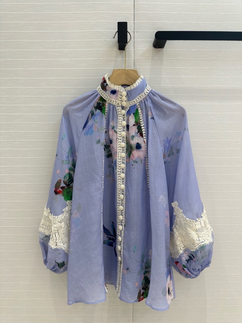 Zimmermann Light Blue Linen Lace-Trimmed High-Neck Blouse
