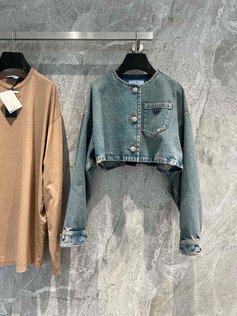 Prada Spring Vintage Enzyme-Washed Denim Jacket with crystals buttons