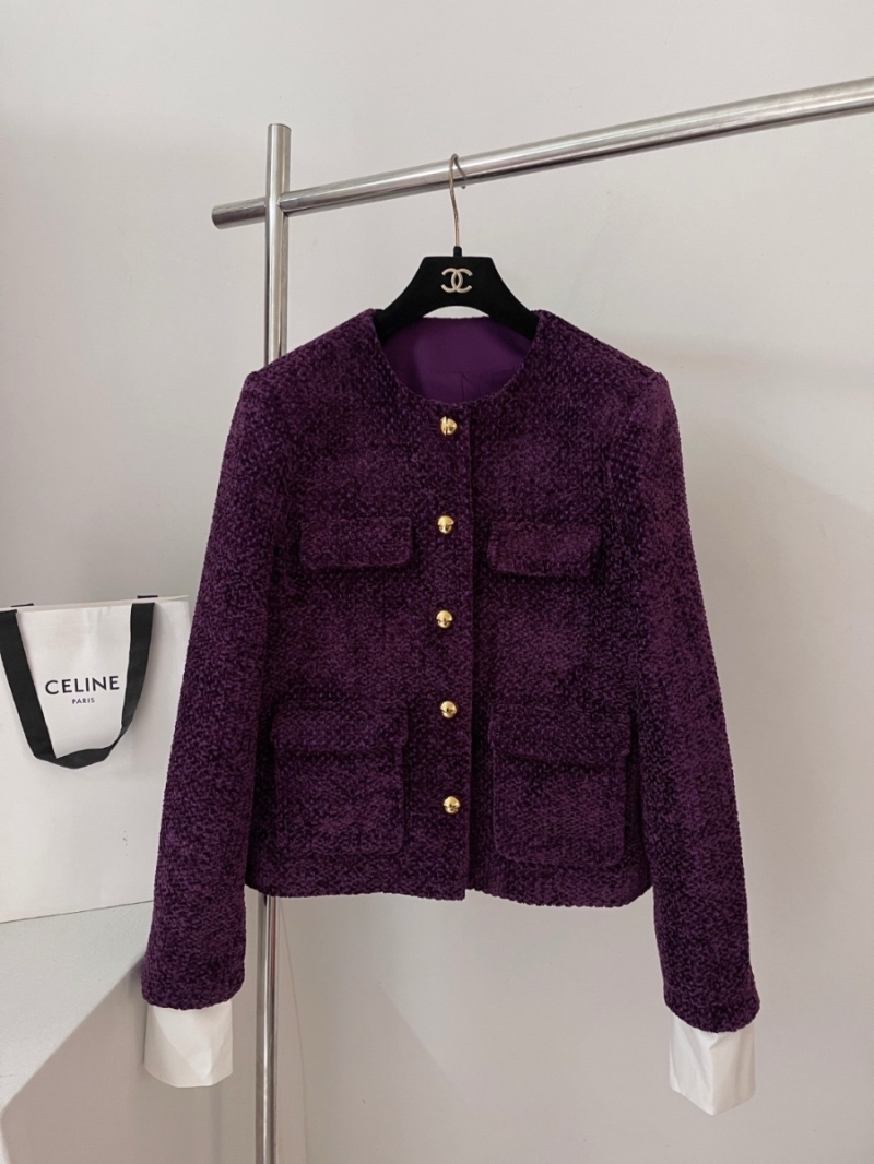 Celine Purple Four-Pocket Wool Blend Tweed Jacket with Detachable Contrast Cuffs