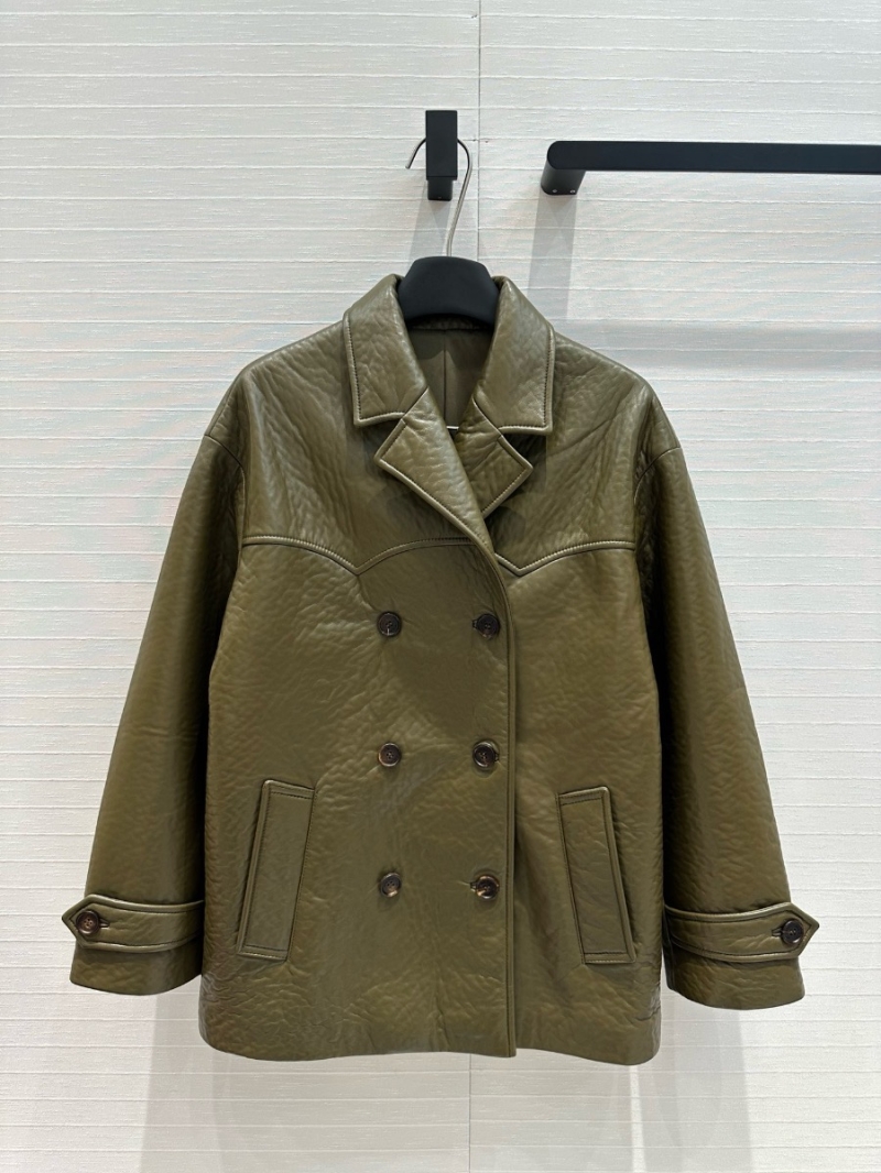 Miu Miu Double-Breasted Lambskin Leather Jacket Khaki