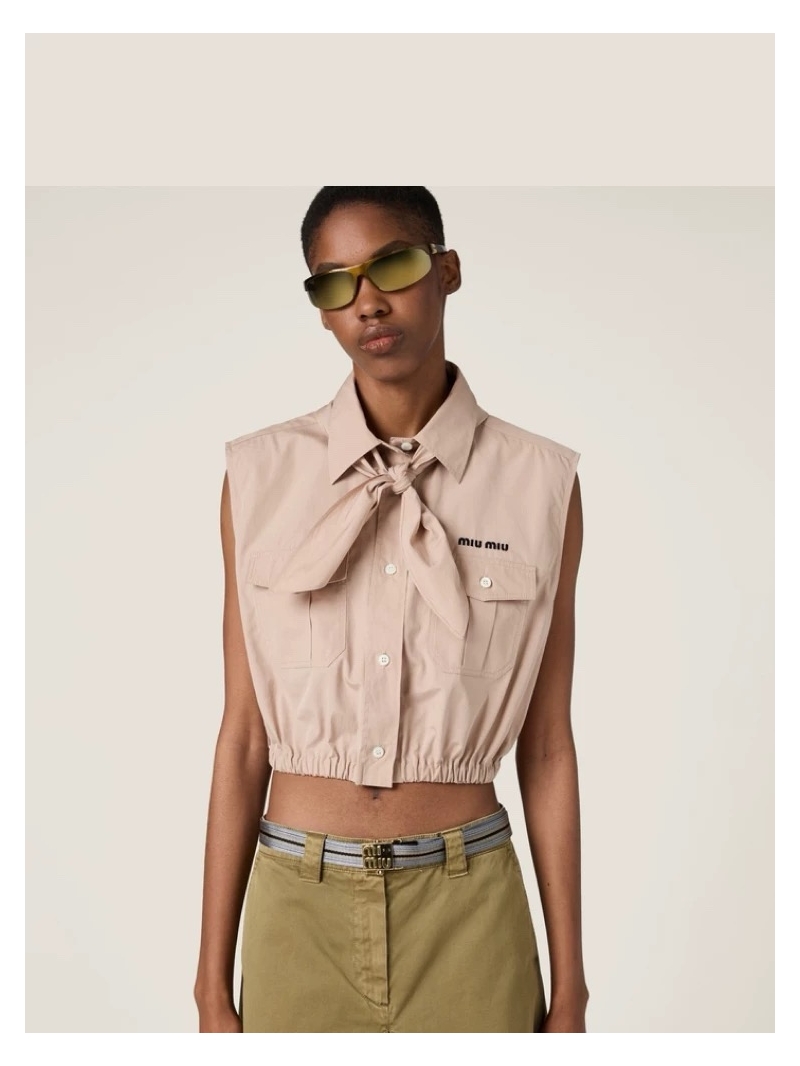 Miu Miu 2025 Spring/Summer Scout-Youthful Bow-Tie Vest Shirt Beige
