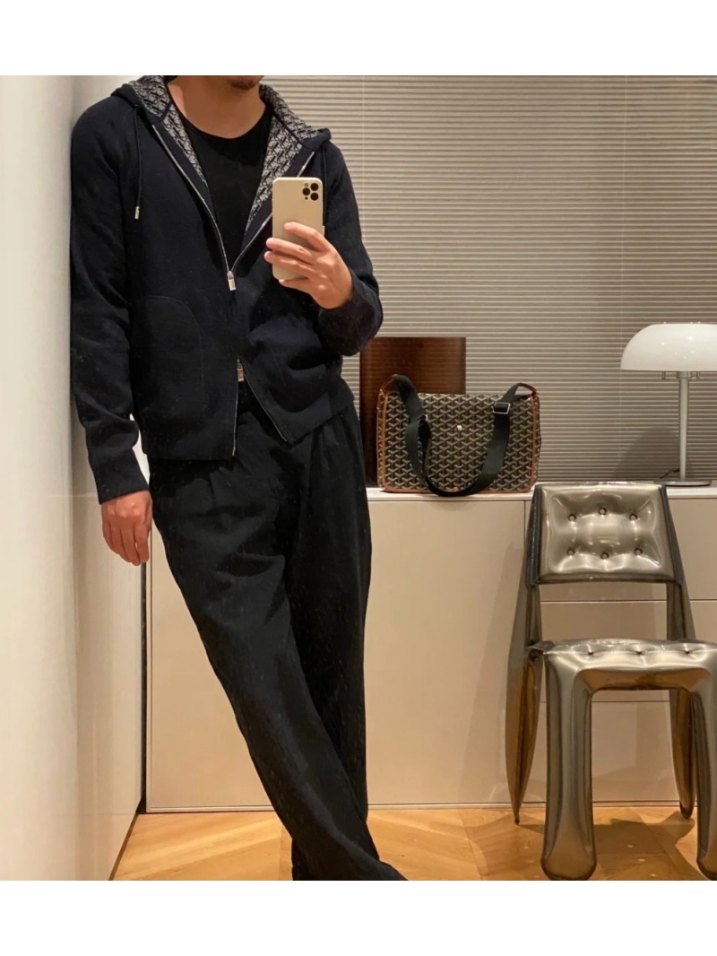 Dior CD Jacquard-Lined Zipper Wool Hoodie Jacket Navy