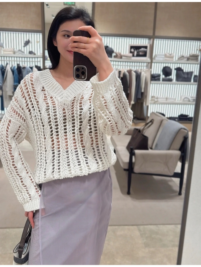 Brunello Cucinelli V-Neck Openwork Knit Sweater White