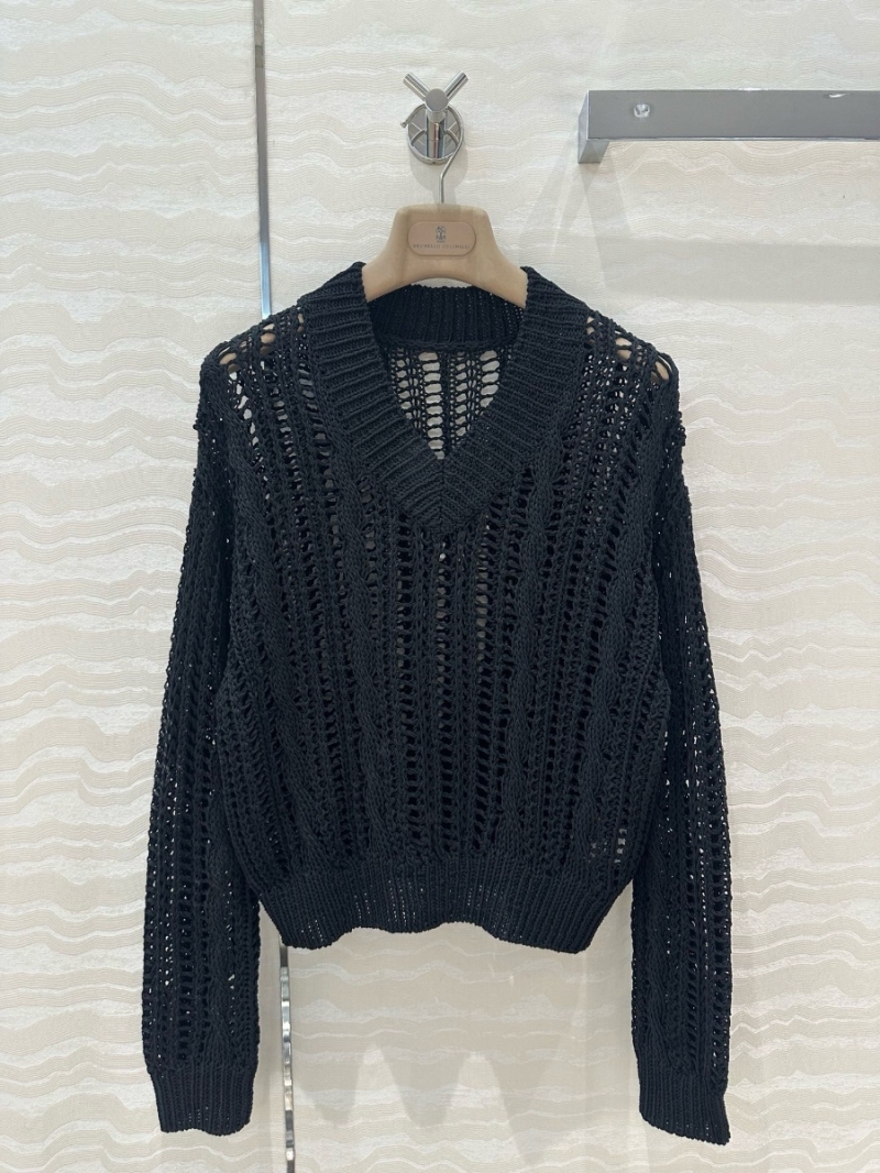 Brunello Cucinelli V-Neck Openwork Knit Sweater Black