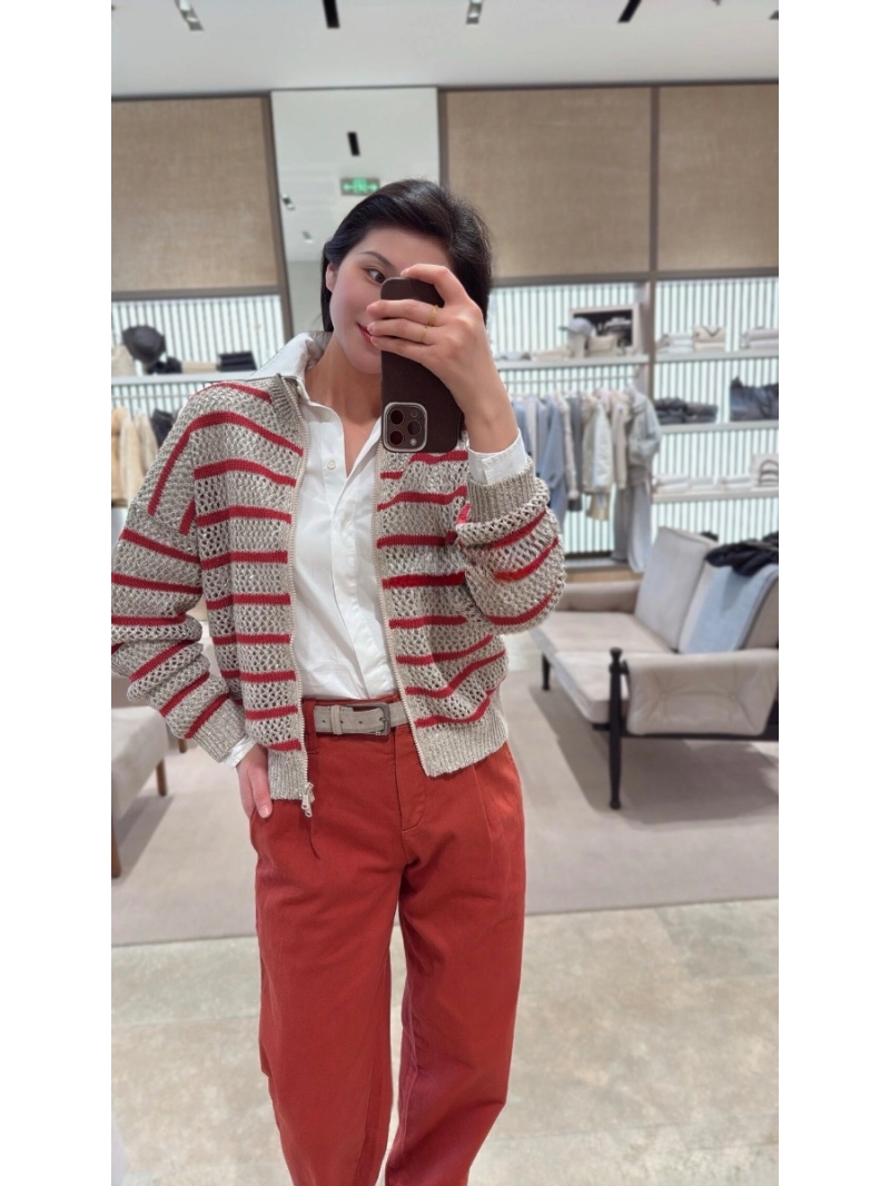 Brunello Cucinelli Striped Openwork Knit Sequin Yarn Jacket