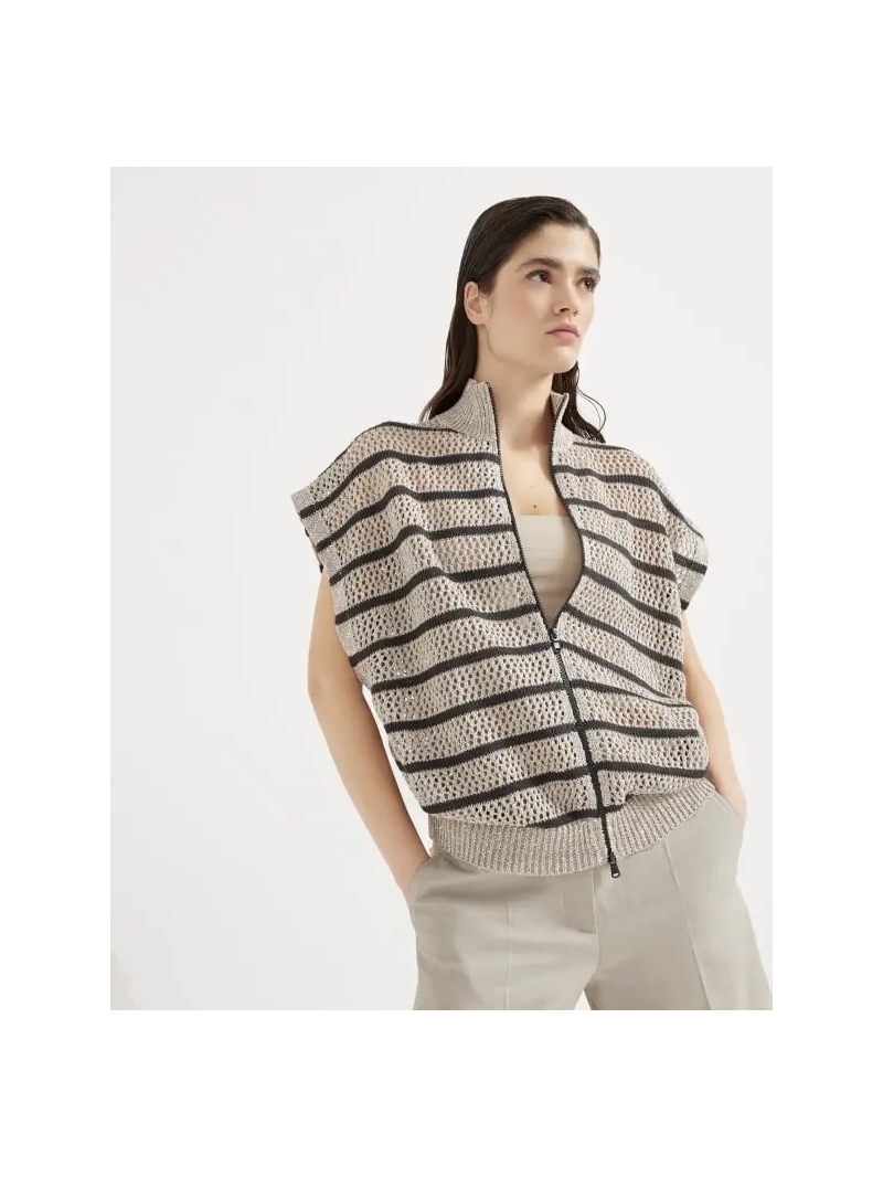 Brunello Cucinelli Italian Aesthetic Striped Openwork High-Neck Cardigan