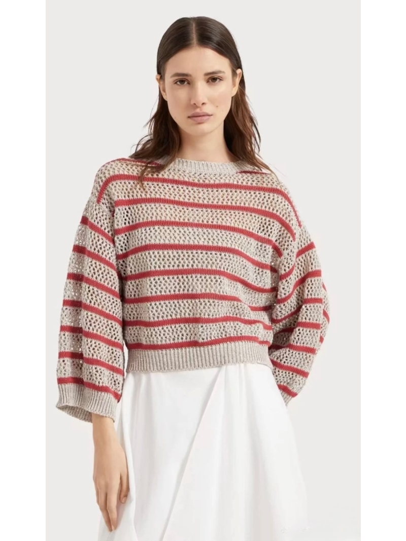 Brunello Cucinelli Italian Aesthetic Striped Openwork Knit Sequined Yarn Drop-Shoulder Sweater