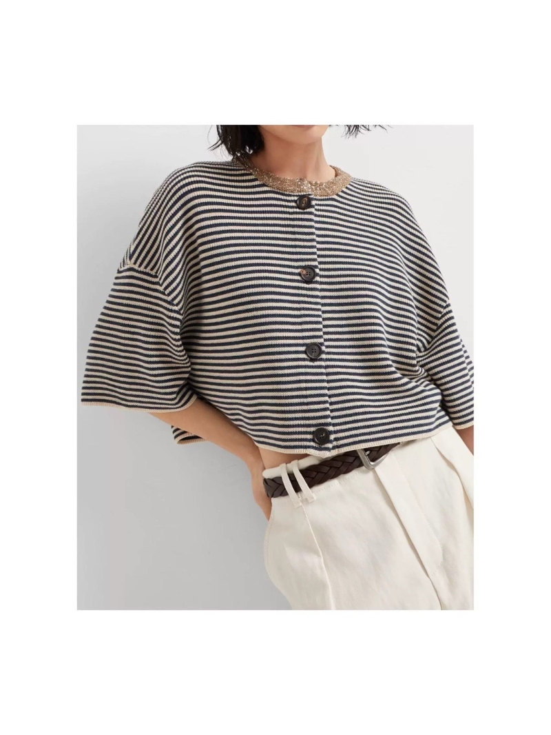 Brunello Cucinelli Italian Aesthetic Striped Sequin Collar Short-Sleeve Cardigan