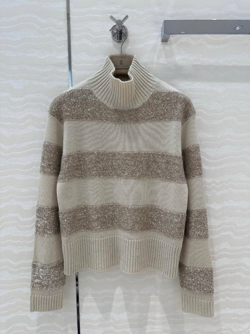 Brunello Cucinelli Sequin-Embellished Cashmere Knit Sweater Chai