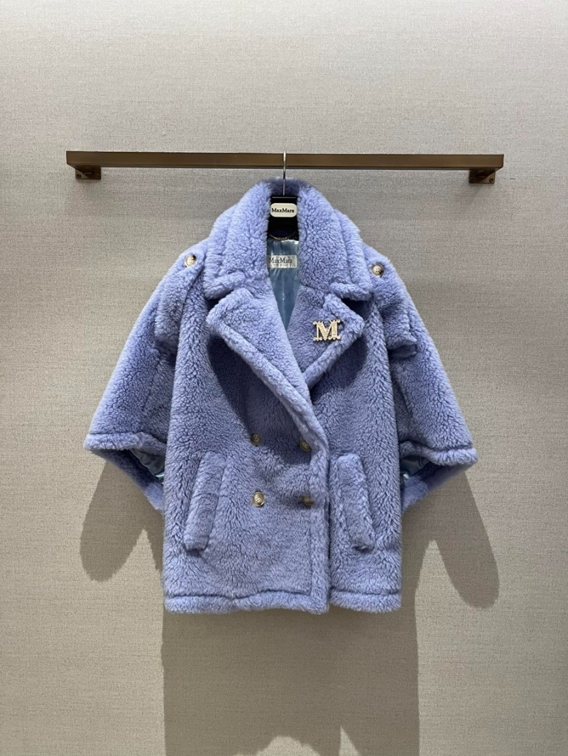 MaxMara Teddy Bear Short Cape with Shoulder Epaulettes. Bluesh-Purple