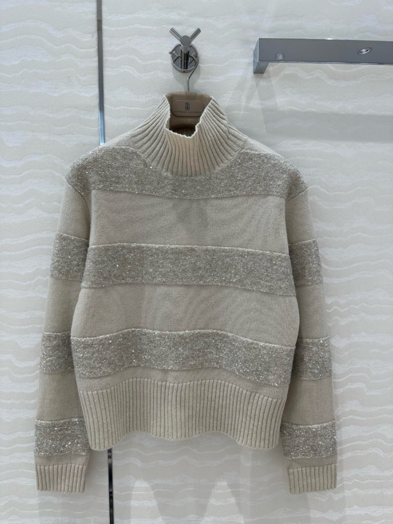 Brunello Cucinelli Sequin-Embellished Cashmere Knit Sweater Beige