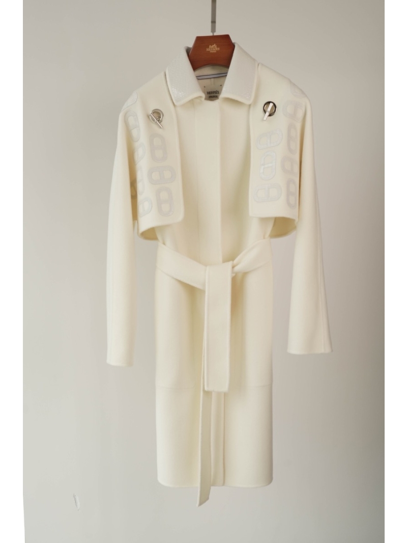 Hermes Two-Piece Cropped Jacket Hand-Stitched Lizard Pattern Cashmere Coat Vest white