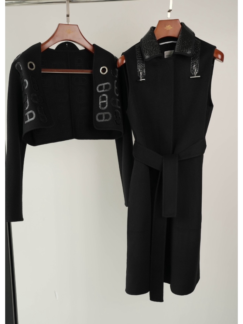 Hermes Two-Piece Cropped Jacket Hand-Stitched Lizard Pattern Cashmere Coat Vest Black