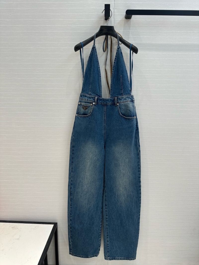 Prada 2025 Early Spring Halter Neck Denim Jumpsuit