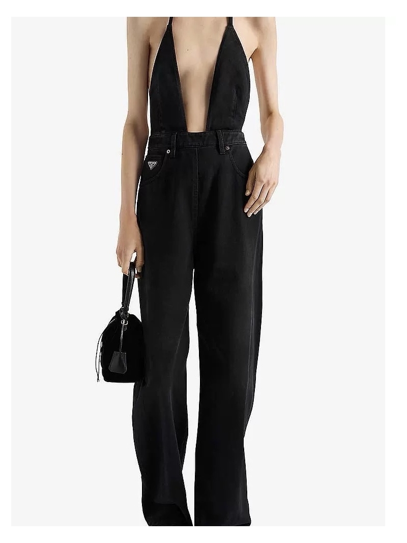 Prada 2025 Early Spring Halter Neck Denim Jumpsuit Black