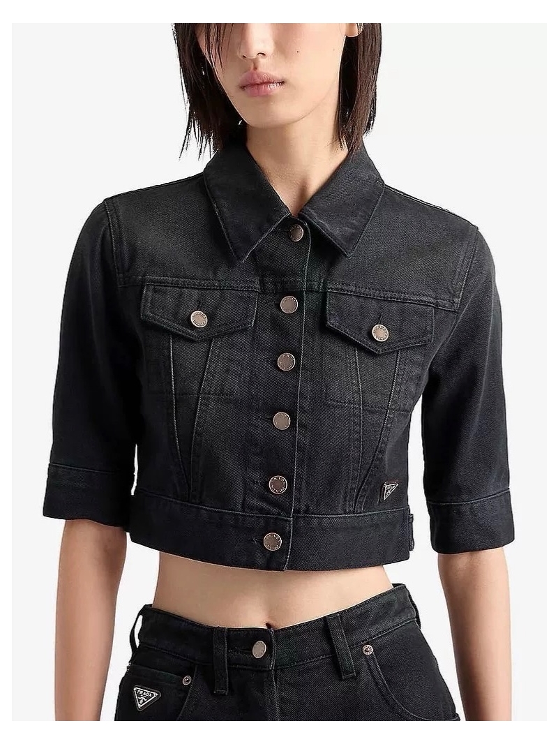 Prada 3/4 Sleeve Cropped Denim Jacket Black – High-Street Fashion Must-Have