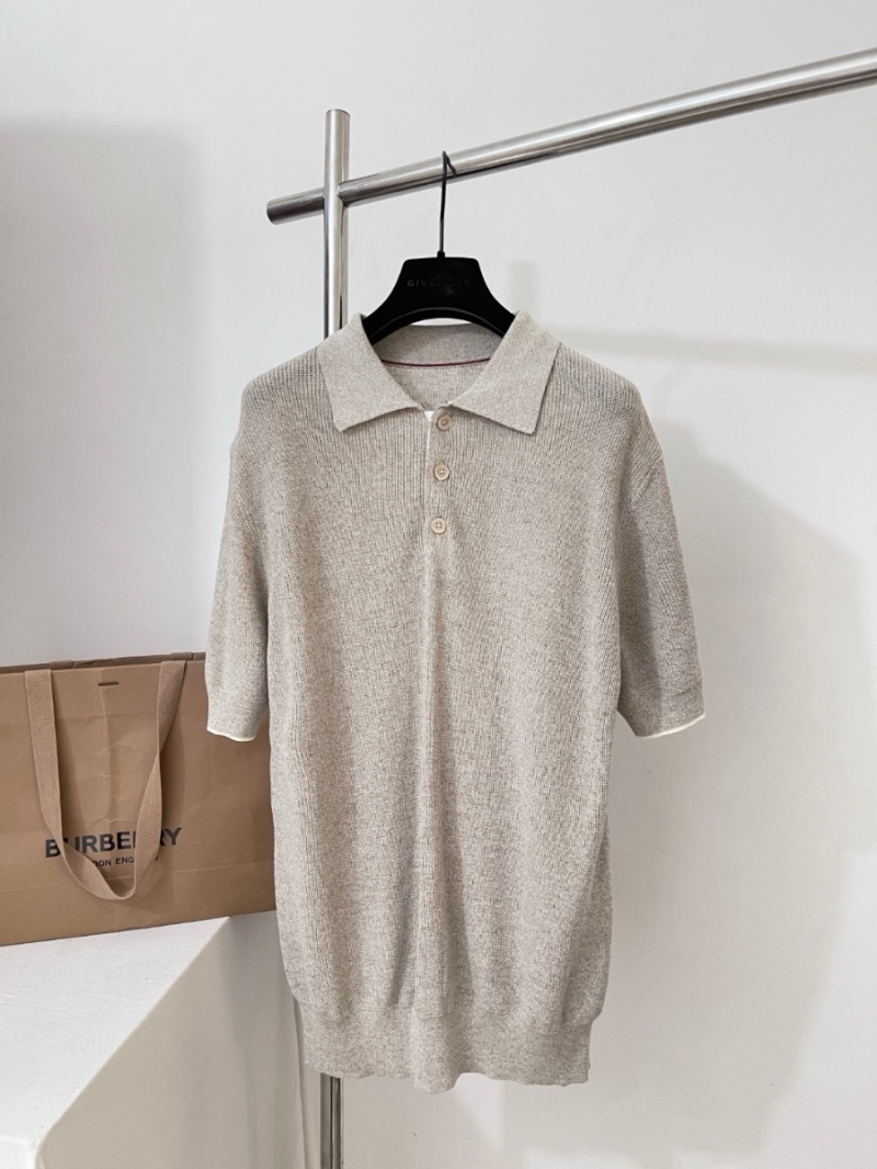 Brunello Cucinelli Exclusive Limited-Edition Linen-Cotton Contrast Ribbed Knit Polo Shirt Beige