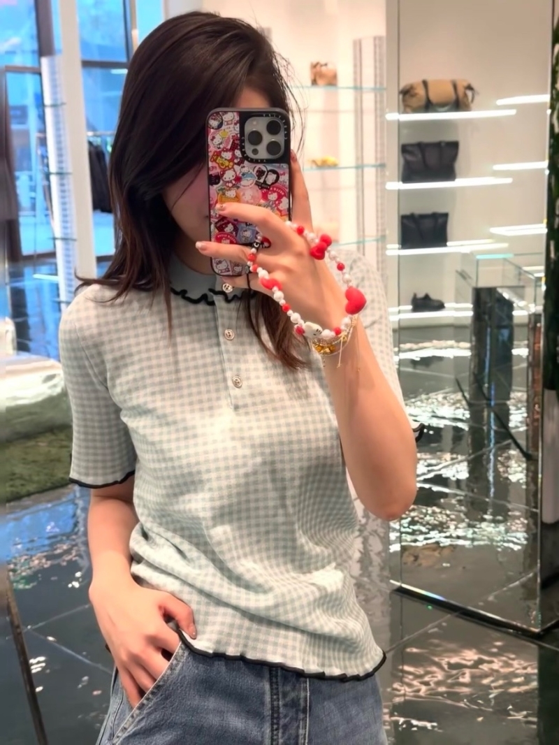 Bottega Veneta Vichy Check Knit Short-Sleeve Top with Contrast Ruffles - Chic & Elegant