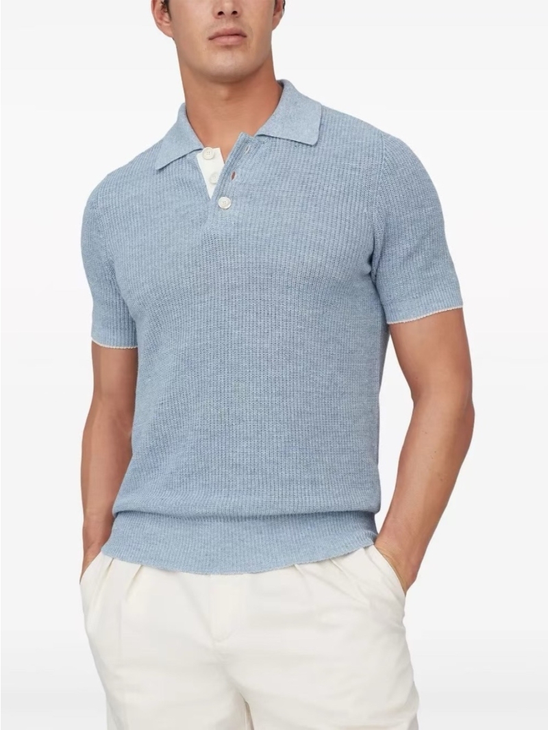 Brunello Cucinelli Exclusive Limited-Edition Linen-Cotton Contrast Ribbed Knit Polo Shirt Light Blue