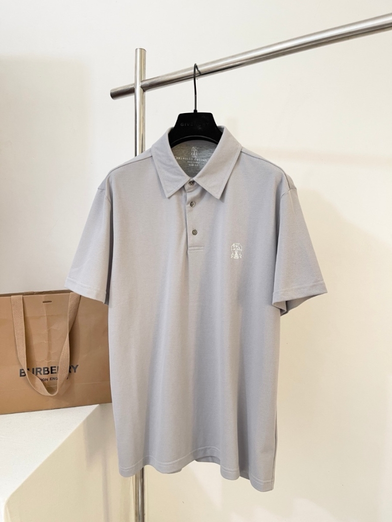 Brunello Cucinelli Exclusive Him Logo Print Cotton Piqué Polo Shirt Grey
