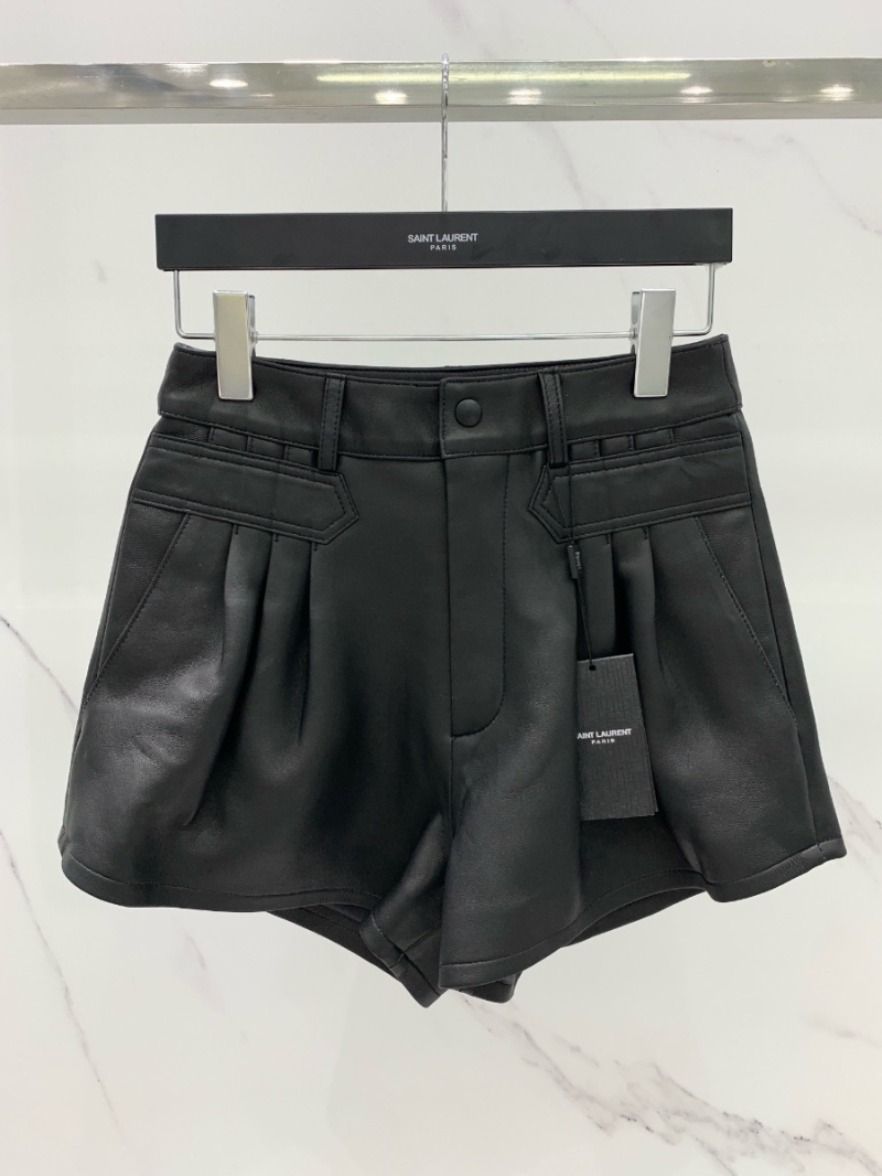 Saint Laurent YSL Pleated Wide-Leg Lambskin Shorts