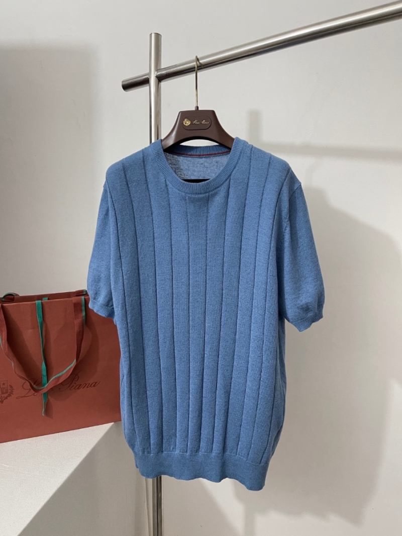 Loro Piana Exclusive Limited-Edition Striped Linen-Cotton Knit Short-Sleeve Sweater Blue
