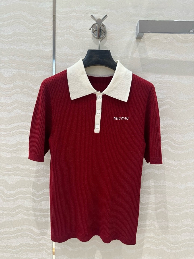 Miu Miu Contrast Collar Knit Polo Sweater - Chic & Youthful Red