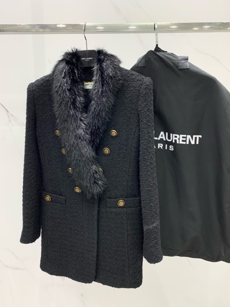 YSL Saint Laurent Faux-Fur Double-Breasted Wool Tweed Blazer Jacket