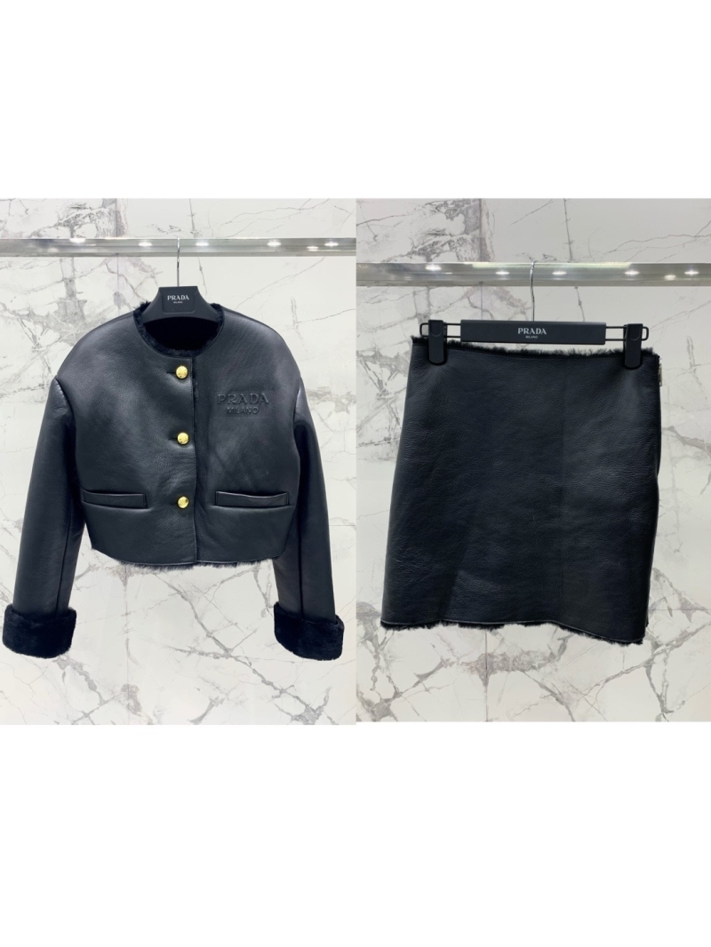 Prada Limited Edition Merino Leather and Fur Jacket with Skirt Set