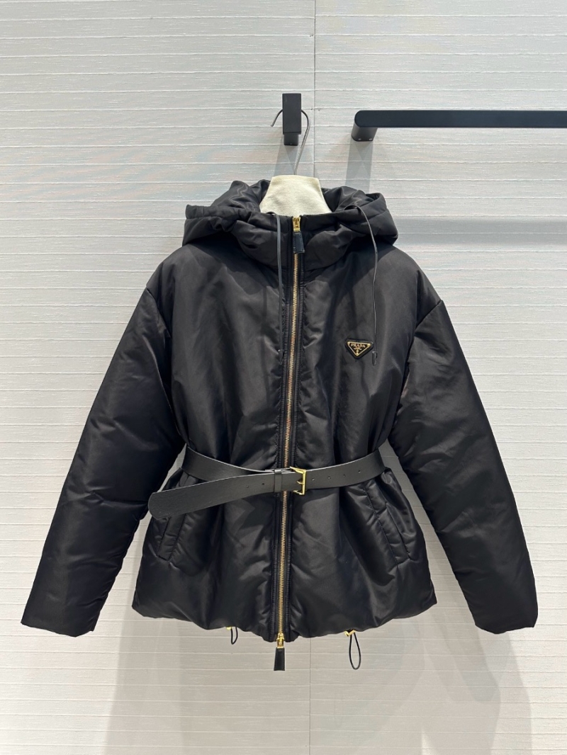 Prada Re-Nylon Hooded Down Jacket with Belt