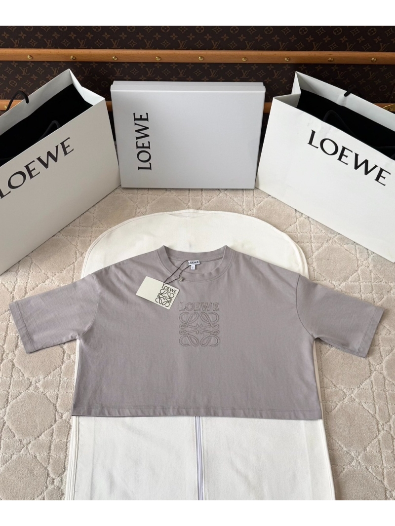Loewe 2025SS Elegant Embroidered Crop T-Shirt (Top)- Grey