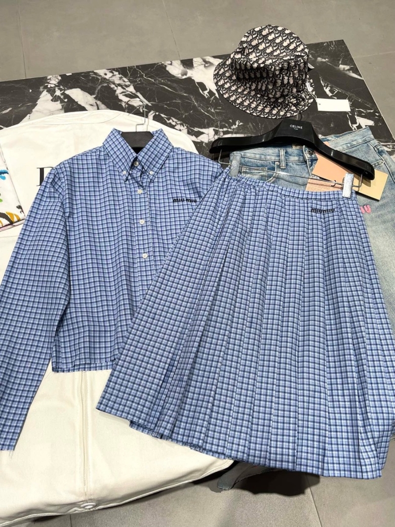 Miu Miu 2024 New Sky Blue Checkered Pleated Skirt