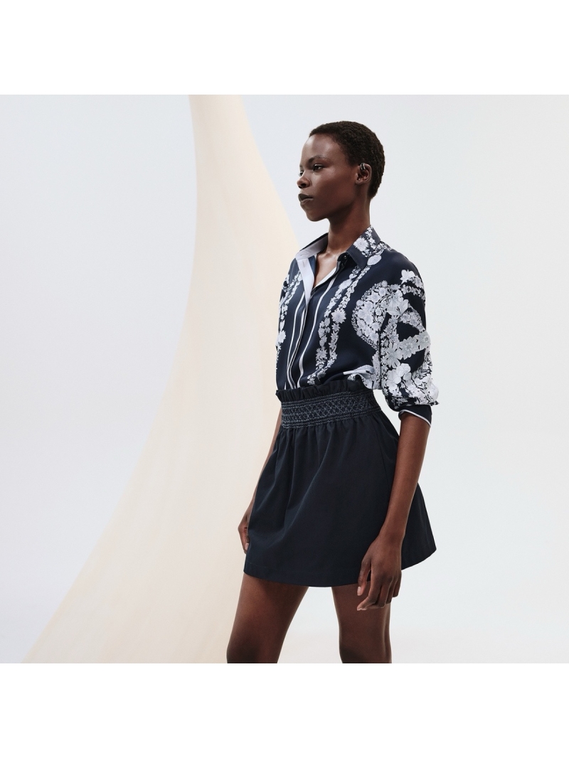 Hermes South of France Embroidered Gabardine Pleated Skirt Black