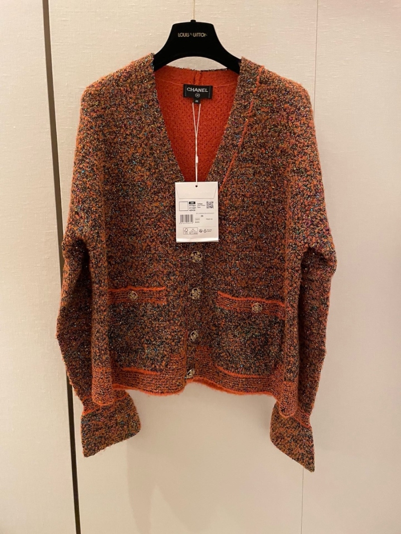 Chanel CC Duvivier Series Luxe Knit V-Neck Cardigan – Pumpkin Glitter Tweed