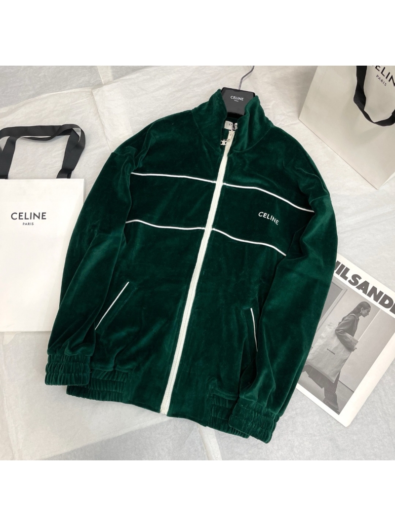 Celine Unisex Velvet Track Jacket with Logo Green