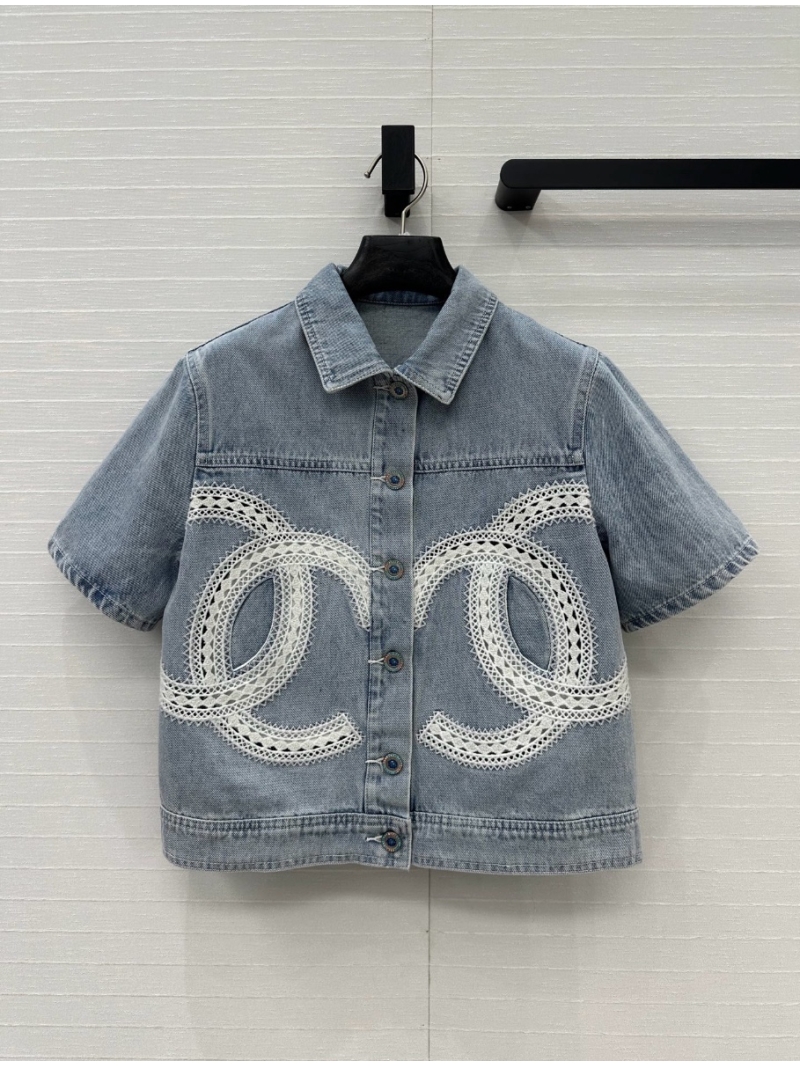 Chanel Exclusive SS25 Coco Beach CC Lace Embroidery Denim Short-Sleeve Jacket