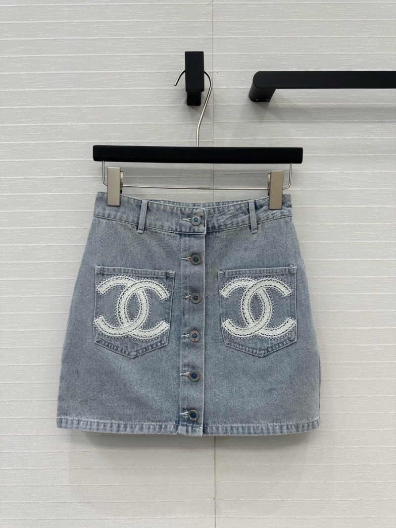 Chanel Coco Beach CC Lace Embroidery Denim Button-Front Mini Skirt
