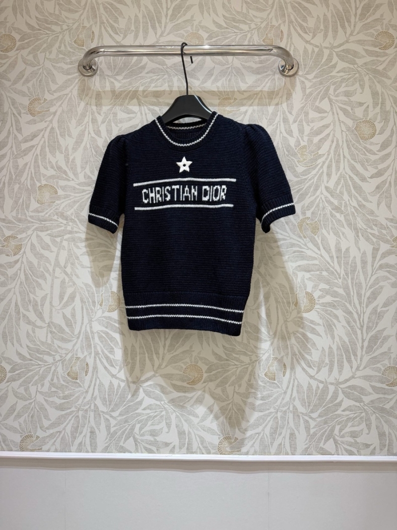 Dior Lucky Star Short Sleeve Cashmere Wool Sweater Navy