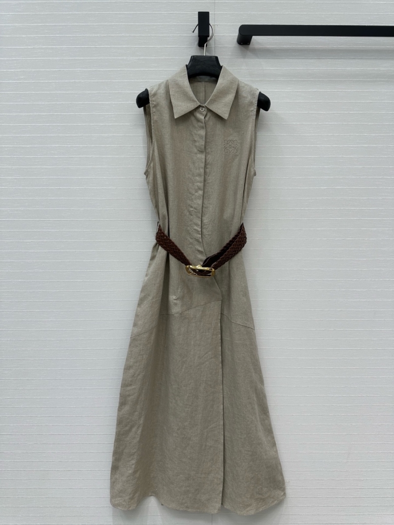 Loewe Sleeveless Linen Maxi Dress with Vintage Braided Belt Khaki