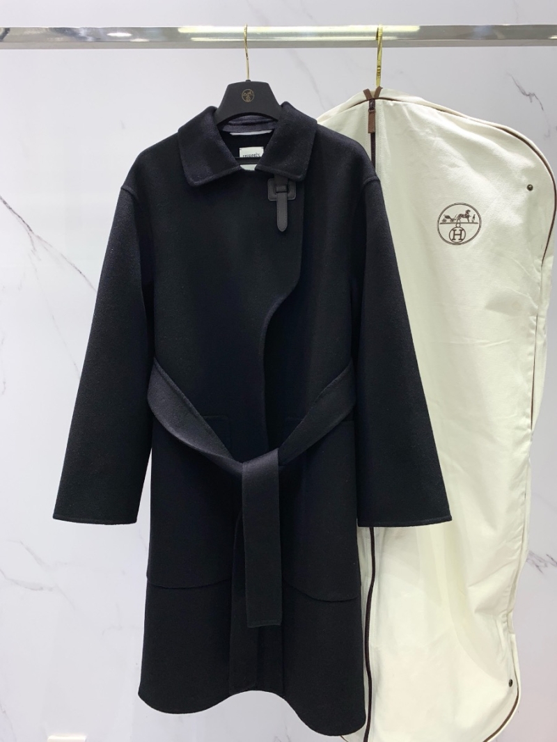 Hermes Inspired Imported Cashmere Double-Faced Coat with Leather Buckle Black