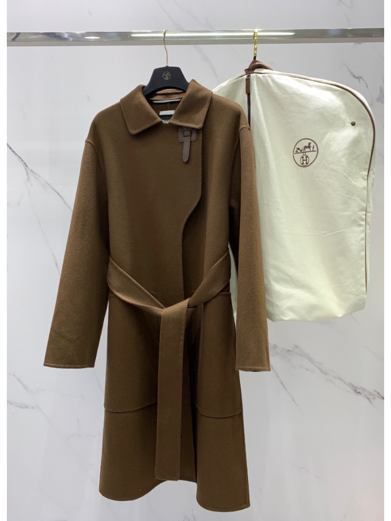Hermes Inspired Imported Cashmere Double-Faced Coat with Leather Buckle Brown