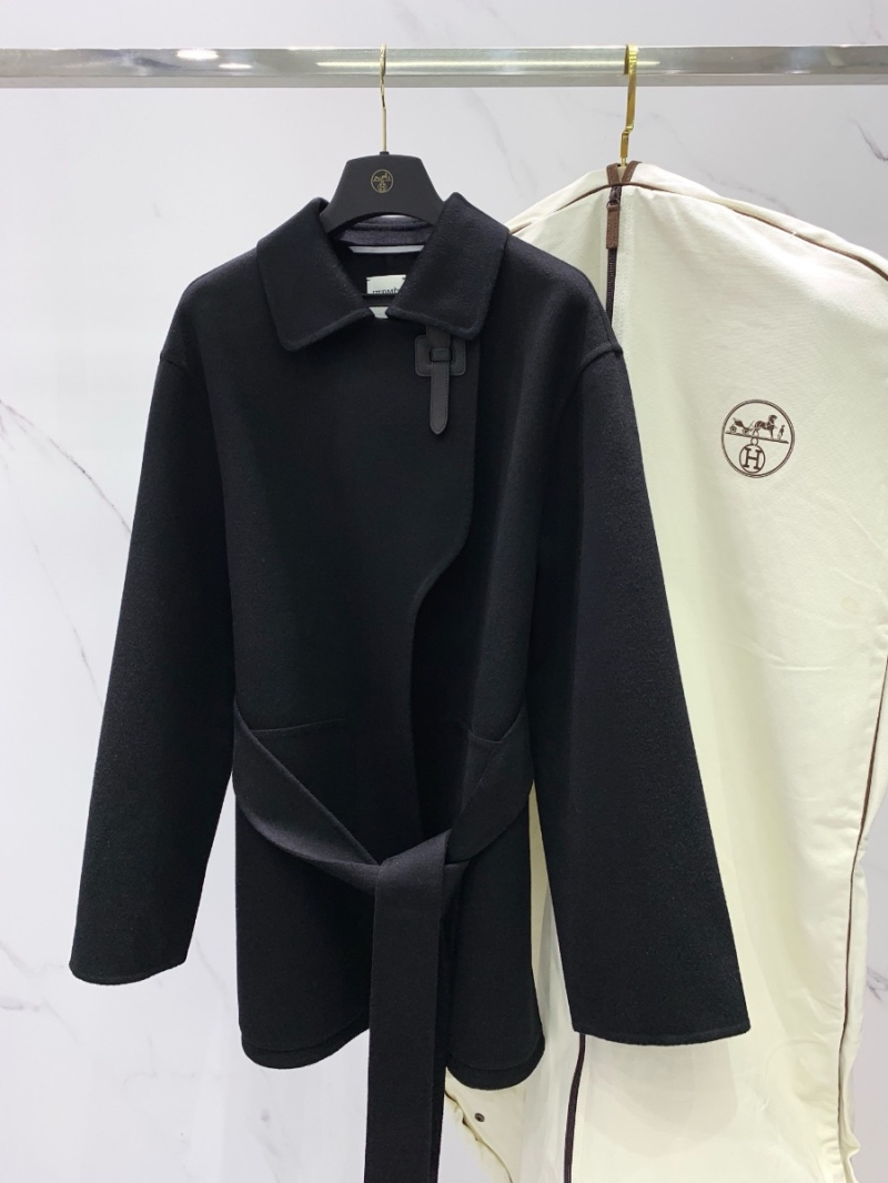 Hermes Inspired Imported Cashmere Double-Faced Short Coat with Leather Buckle Black