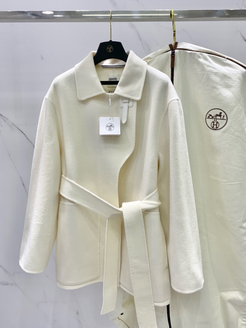 Hermes Inspired Inspired Imported Cashmere Double-Faced Short Coat with Leather Buckle White