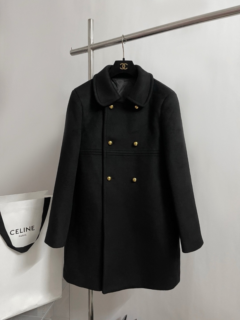 Celine 2024 Double-Breasted A-Line Wool Coat with Peter Pan Collar